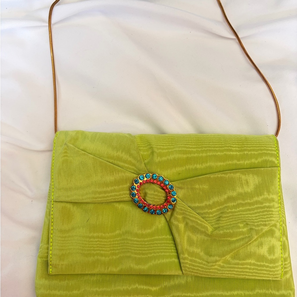 Lime Green Satin Evening Clutch with Jeweled Medallion